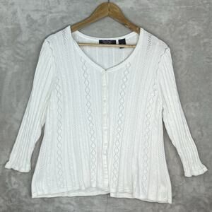 Crystal Kobe White Pointelle Cardigan PXL 100% Cotton Coastal Grandma Cozy